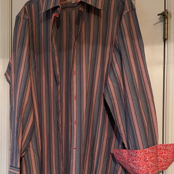Coton Doux styled in France men’s fitted blue and orange striped‎ shirt - Picture 4 of 10